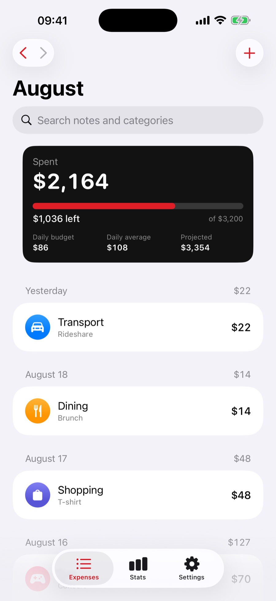 The XP Spendly home screen: an August budget card showing $2,164 spent of $3,200, with the day-by-day expense feed below.